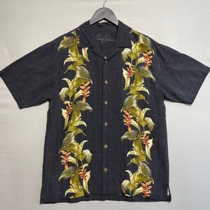 Tommy Bahama Mens Silk Hawaiian Shirt Black Tropical Floral Print Size S